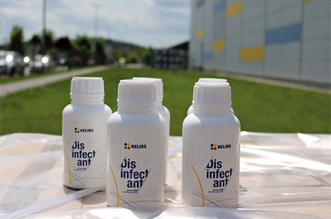 HELIOS disinfectant for hands and surfaces in convenient half-liter packaging.
